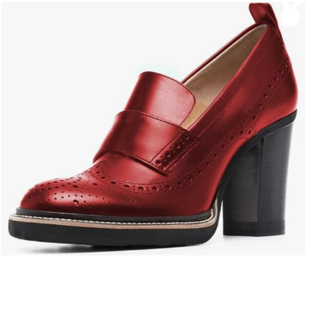 YDN Red Chunky High Heels Round Toe Oxford Loafer Dress Shoe